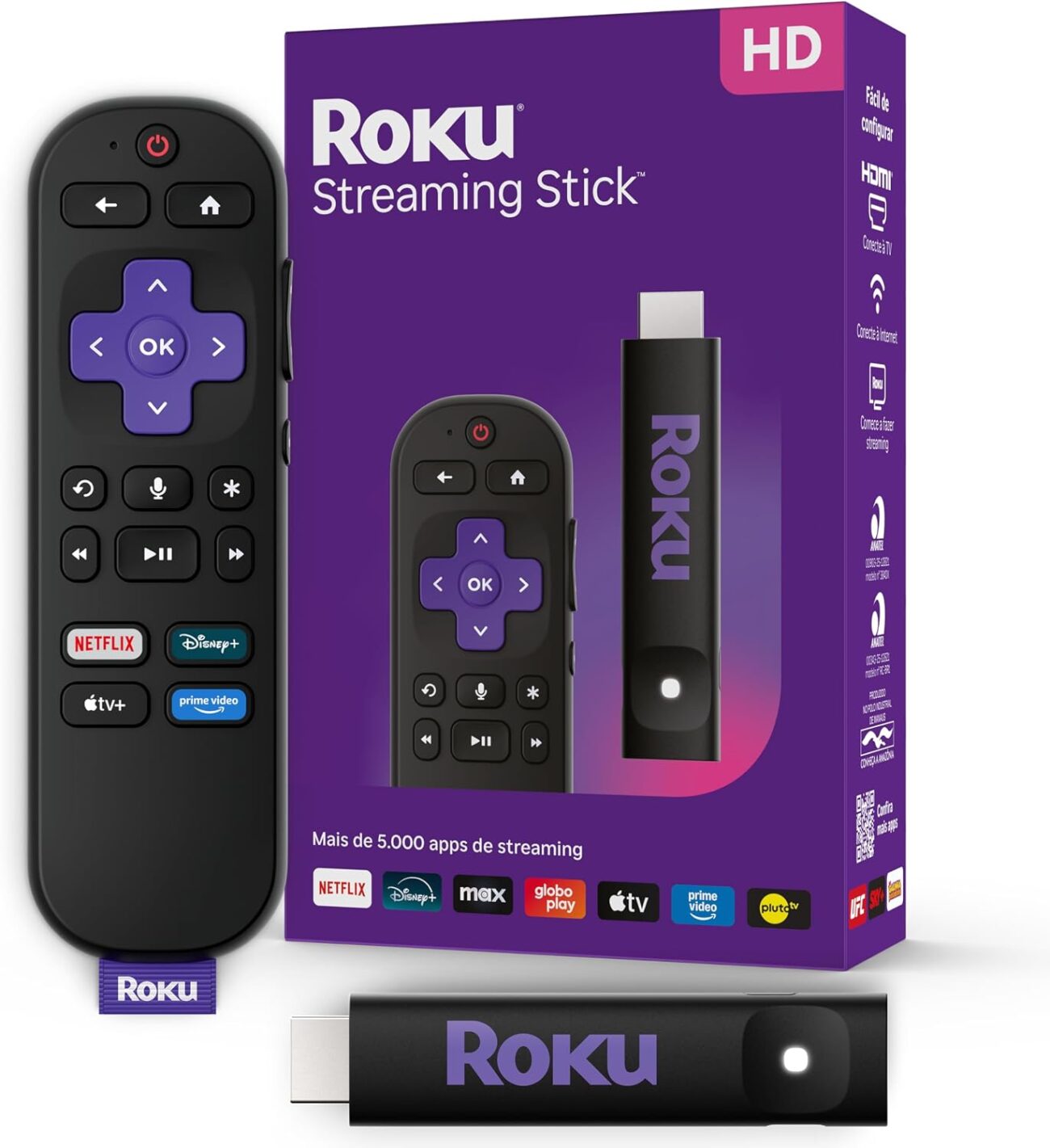 Roku Streaming Stick HD 2025 com controle remoto por voz